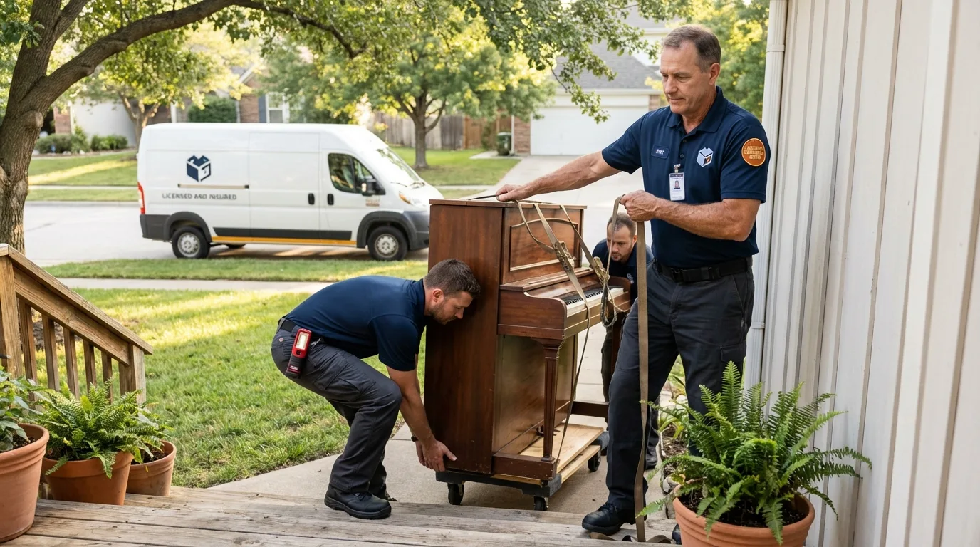 Licensed piano movers securing grand piano in Alameda, CA