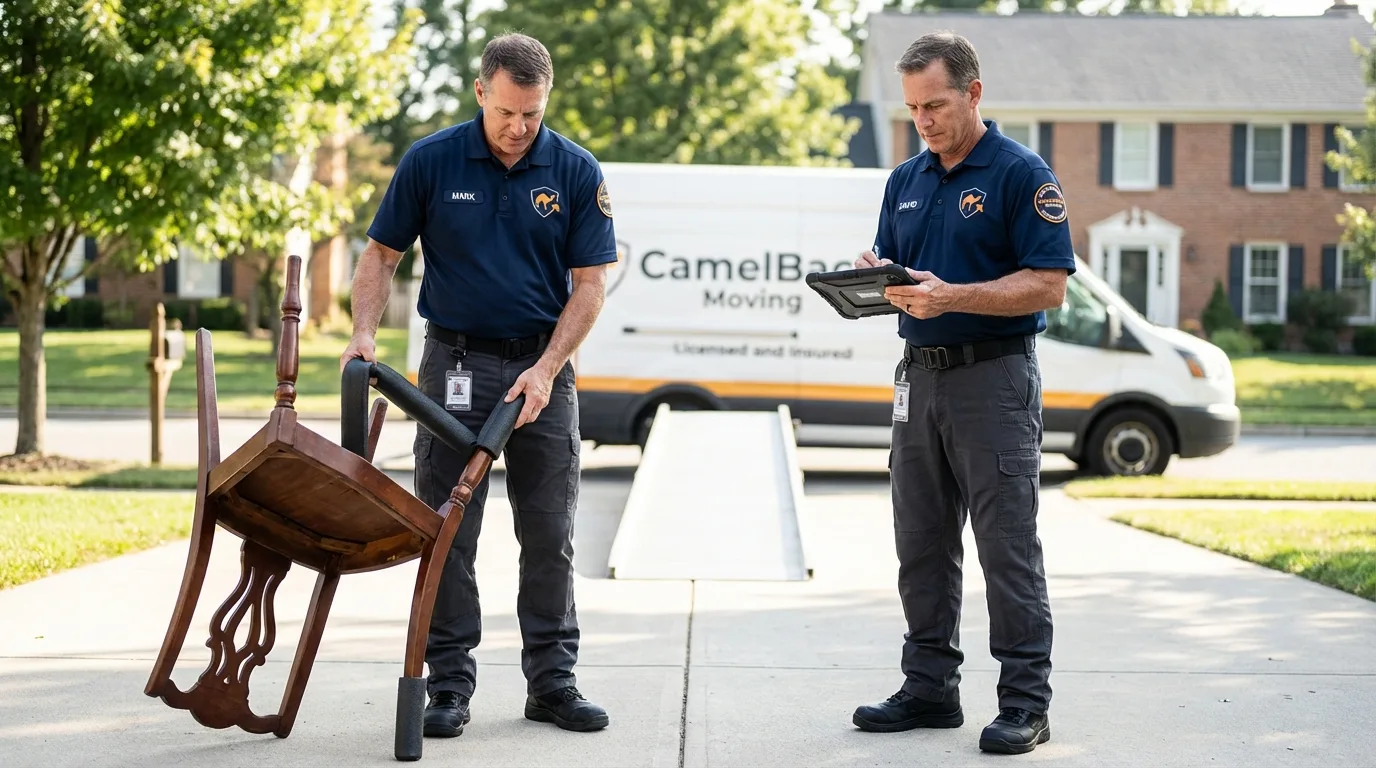 Movers inspecting furniture for damage prevention before loading in Alameda, CA